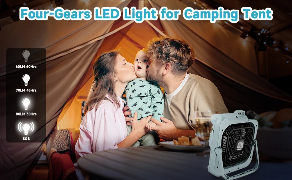 10000mAh Camping Rechargeable Fan Portable Battery Operated Fan with LED Lantern Travel Desktop Electric Fans with Hanging Hook