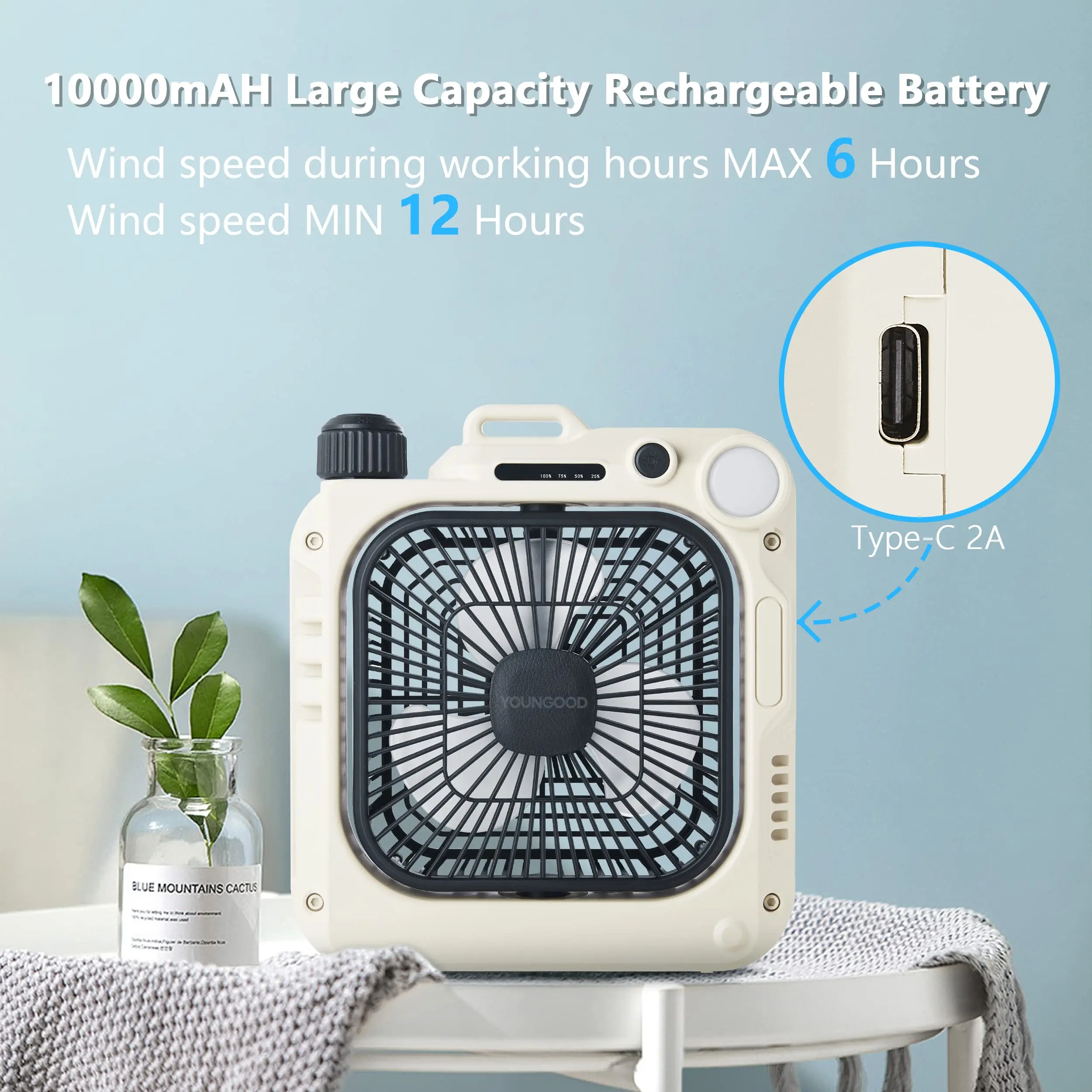 10000mAh Camping Rechargeable Fan Portable Battery Operated Fan with LED Lantern Travel Desktop Electric Fans with Hanging Hook