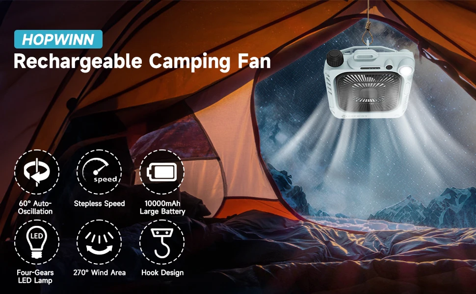 10000mAh Camping Rechargeable Fan Portable Battery Operated Fan with LED Lantern Travel Desktop Electric Fans with Hanging Hook
