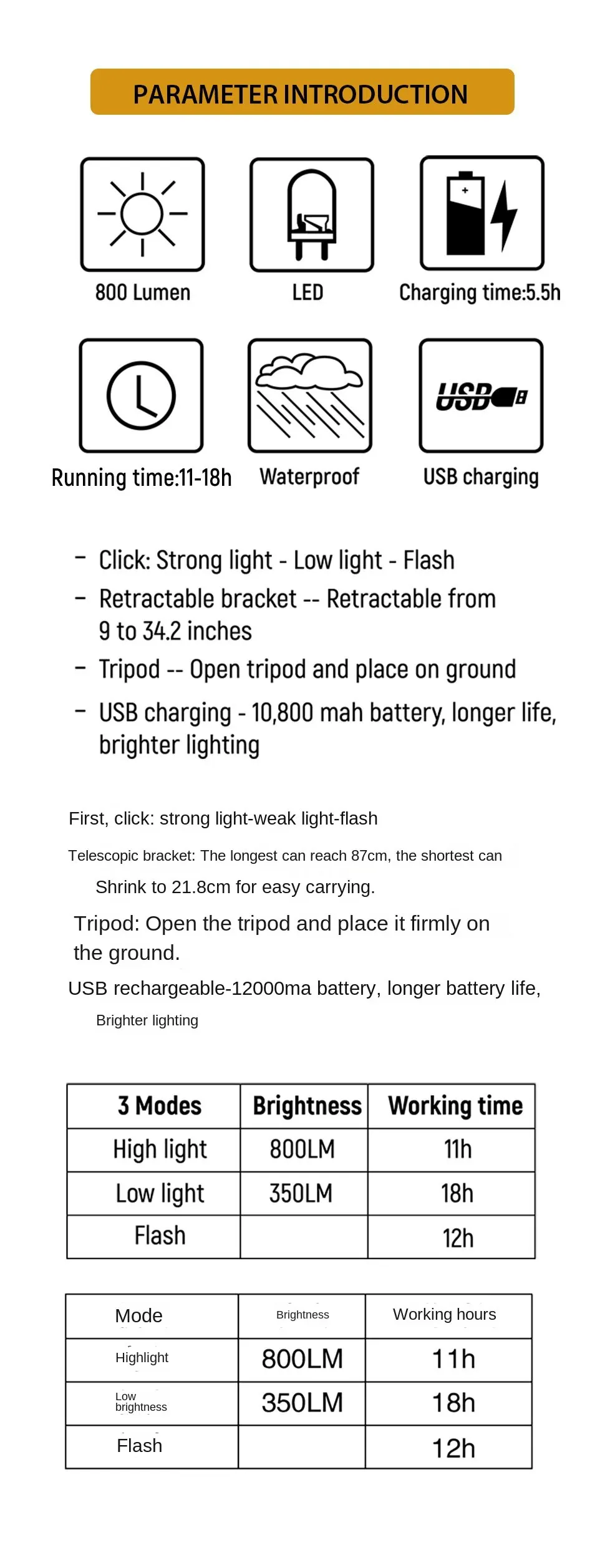 Outdoor Charging LED Camping Light for Work, Portable Telescopic Ultra High Brightness Lighting