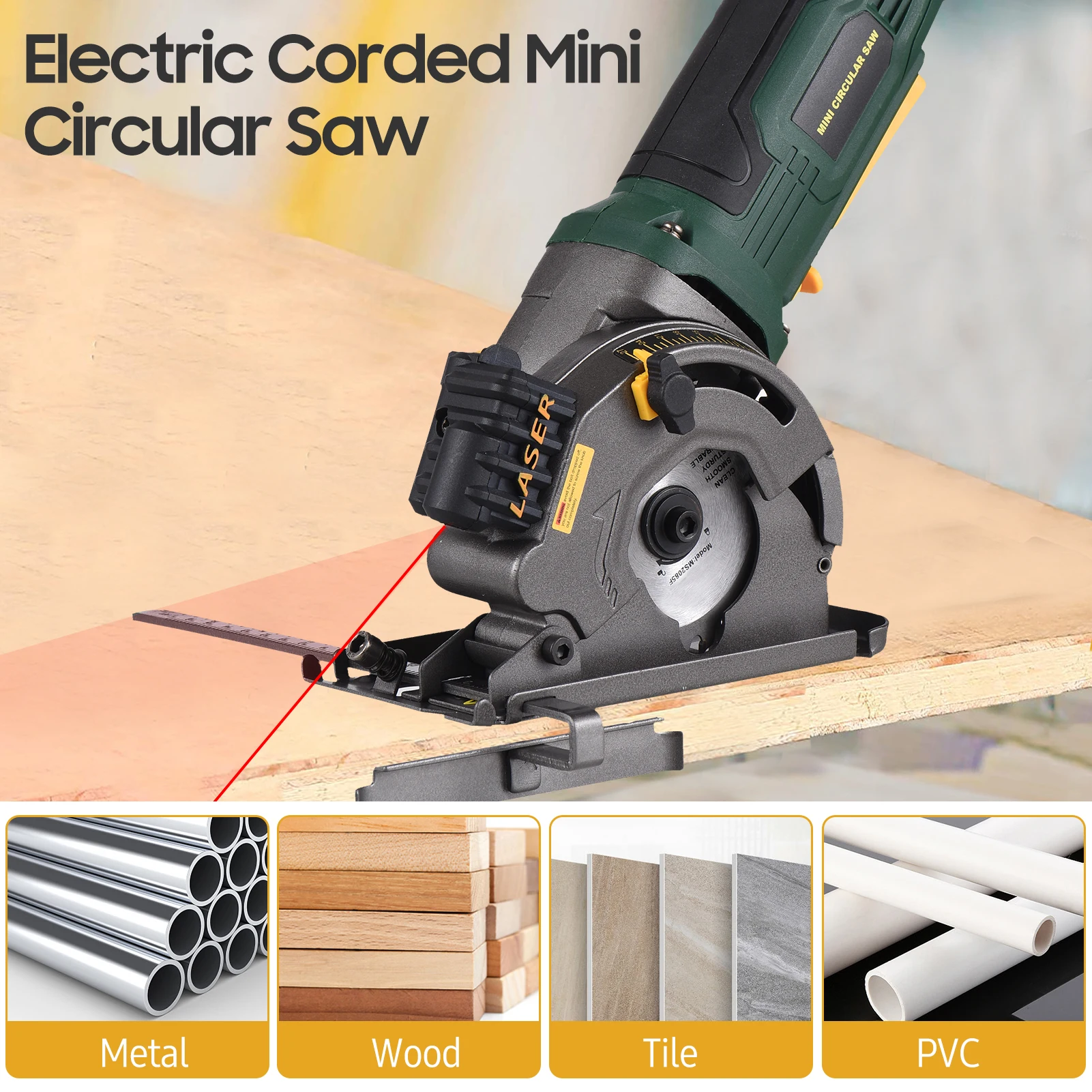 3700RPM Mini Circular Saw 4.8Amp Compact Circular Saw Power Tools Laser Guide Scale Ruler Vacuum Port 3 Blades Cutting Wood Tile