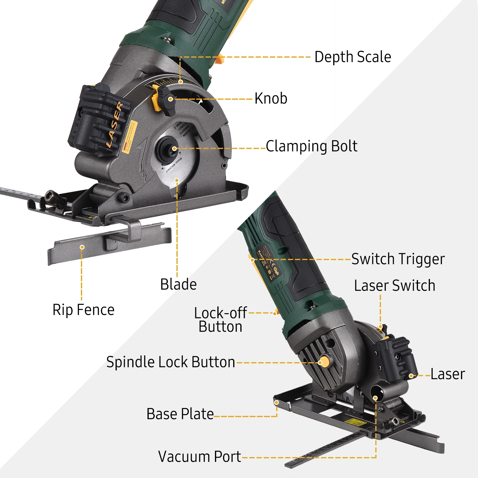 3700RPM Mini Circular Saw 4.8Amp Compact Circular Saw Power Tools Laser Guide Scale Ruler Vacuum Port 3 Blades Cutting Wood Tile