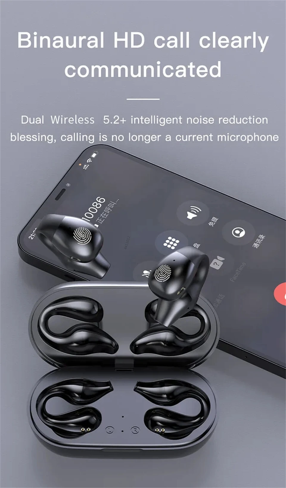 TWS Bluetooth Earphones Wireless Bone Conduction Headphones Clip Ear Music Noise Canceling Stereo earbuds HD Call Sports Headset