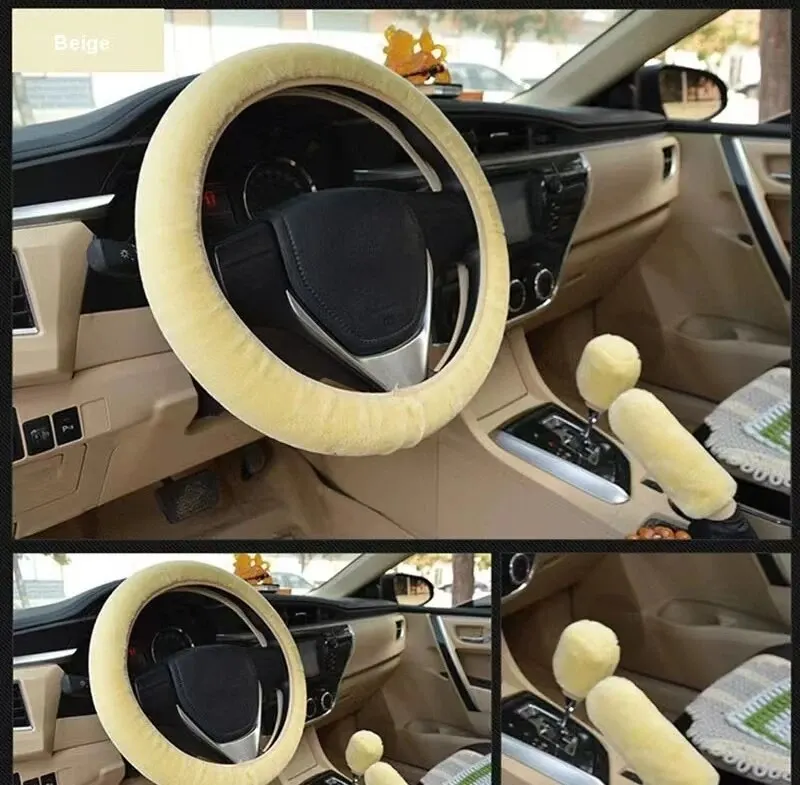 3pcs Car Steering Wheel Cover Gearshift Handbrake Protector Decoration Warm Plush Collar Soft Women Man Premium Short Fur 38cm