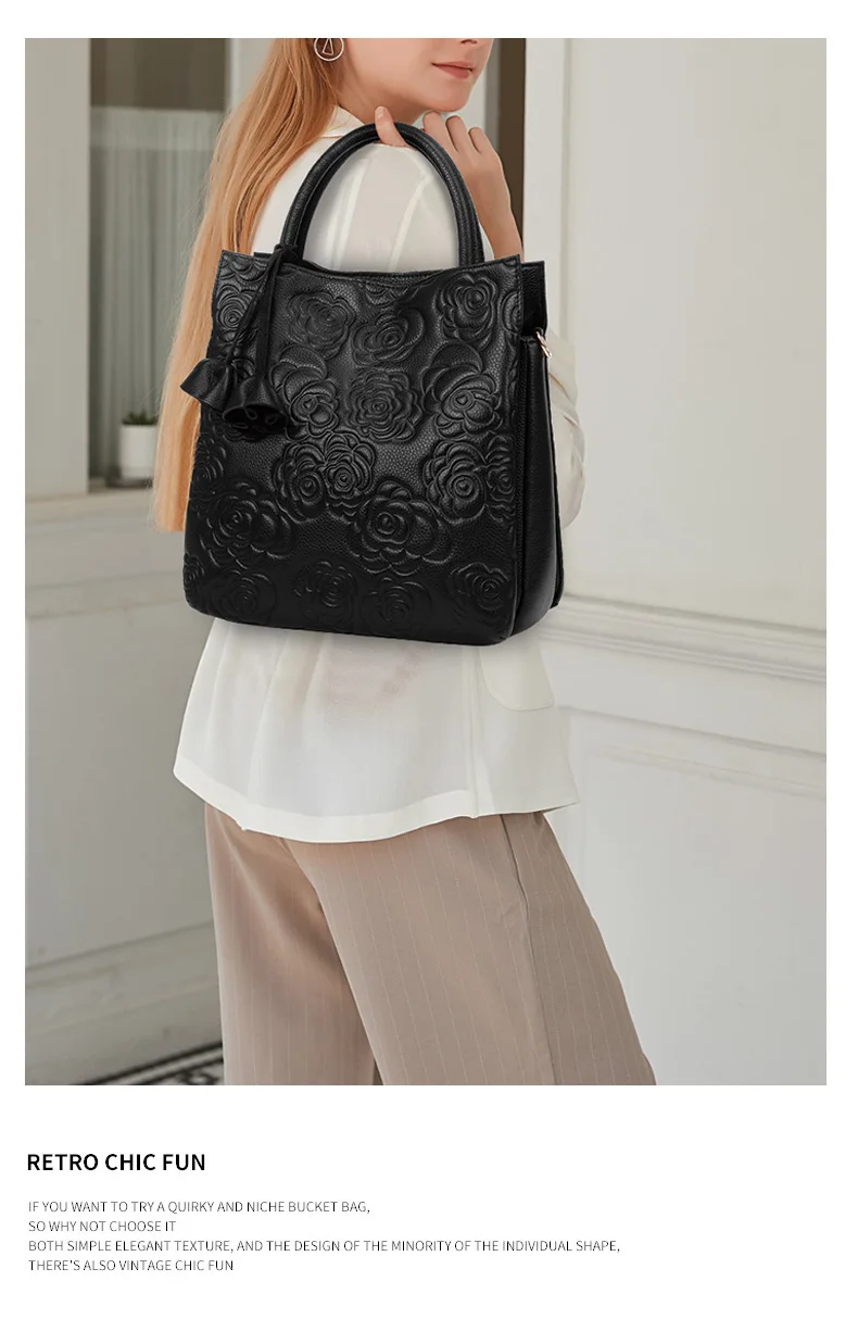 Genuine leather women's bag embossed hand carry bag, large capacity bucket bag, top layer cowhide one-shoulder cross-body bag