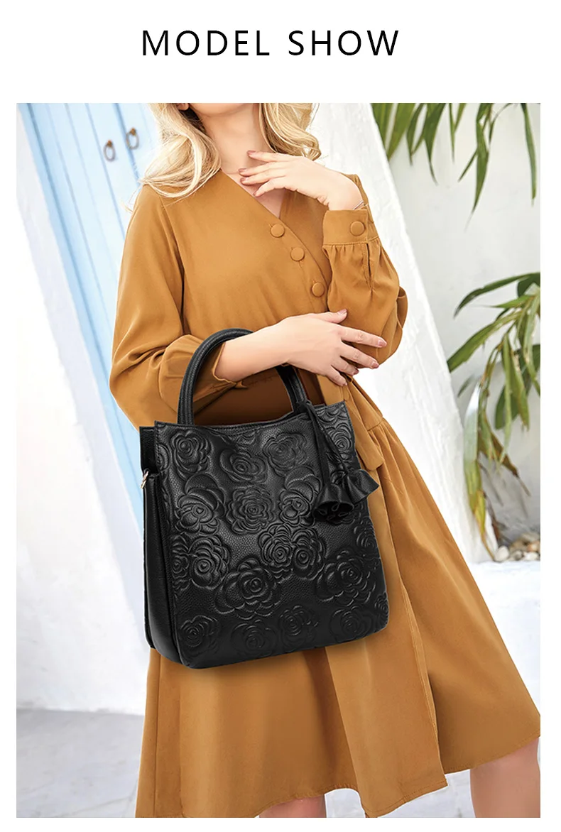 Genuine leather women's bag embossed hand carry bag, large capacity bucket bag, top layer cowhide one-shoulder cross-body bag