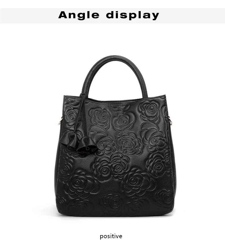 Genuine leather women's bag embossed hand carry bag, large capacity bucket bag, top layer cowhide one-shoulder cross-body bag