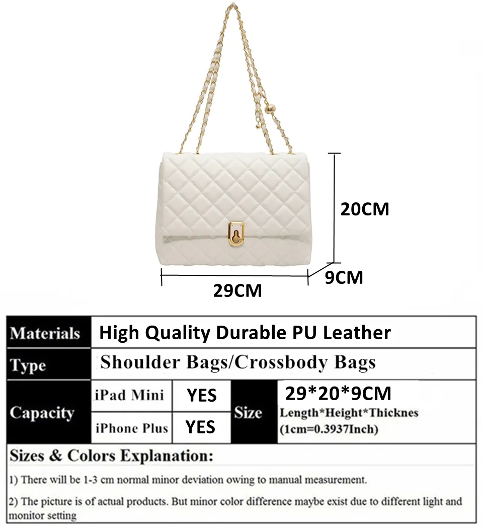 Quilted Large Chain Shoulder Bags For Women 2023 Luxury Designer Crossbody Bags PU Leather Ladies Handbags Black White