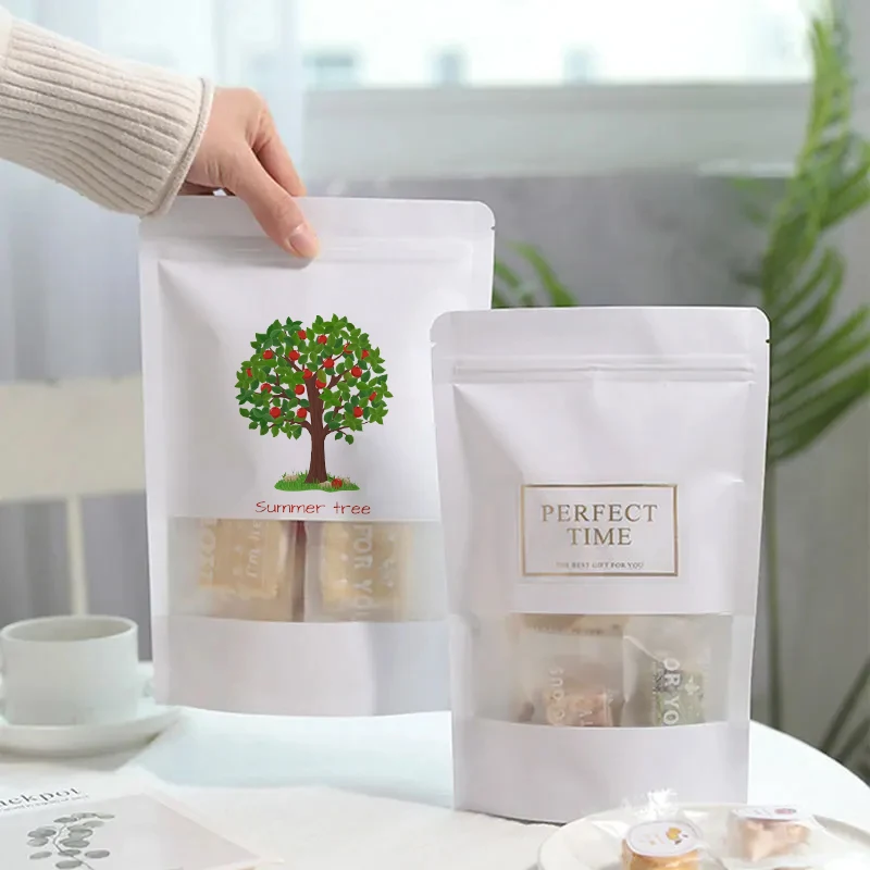 Best Selling White Kraft Paper Frosted Window Bag Waterproof Nut Biscuit Food Packaging Bags Custom Logo