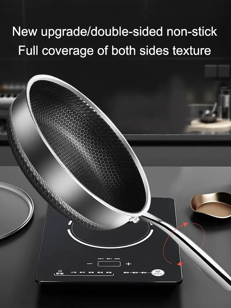 Whole Body Tri-Ply Stainless Steel Frying Pan 316 Stainless Steel Wok Pan Double-sided Honeycomb Skillet Suitable for All Stove