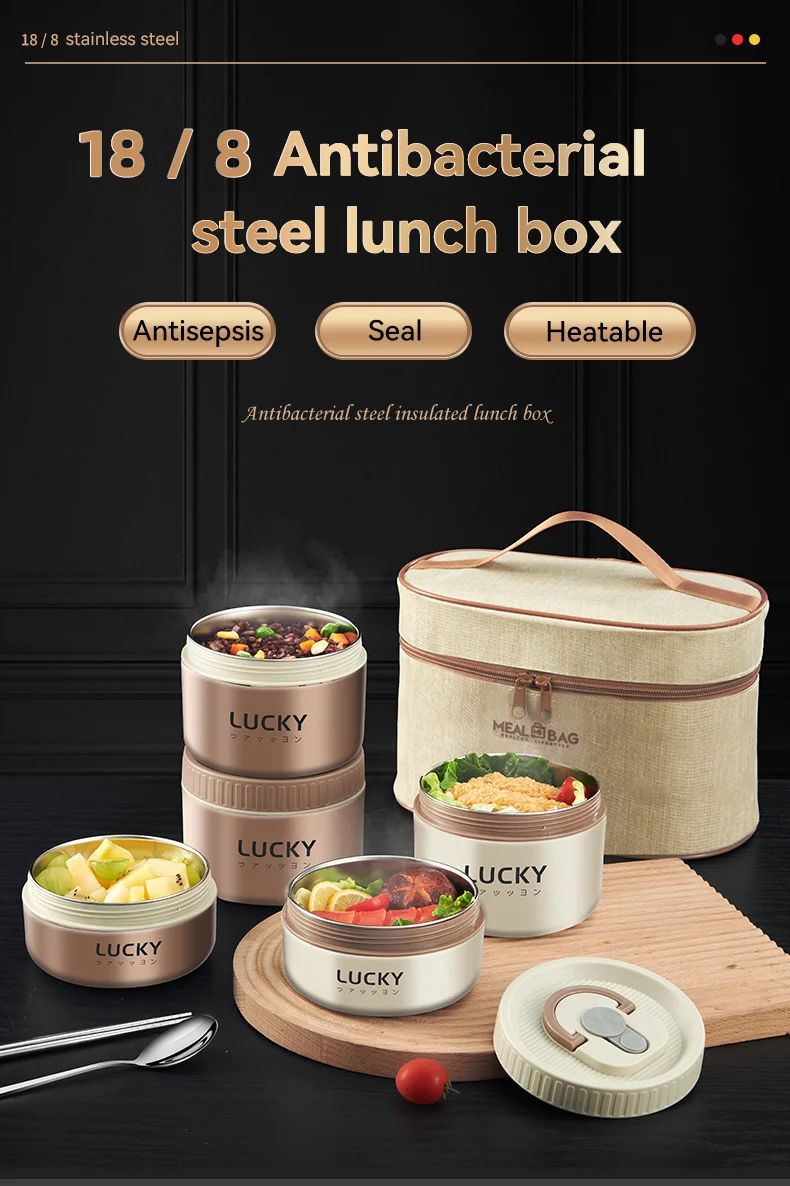 WORTHBUY 18/8 Stainless Steel Thermal Food Container Bento Lunch Box Set, Portable Keep Warm Lunch Container With Insulated Bag