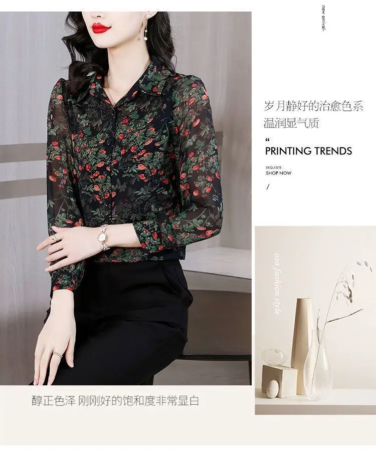 Women Vintage Floral Print Button Shirts Korean Style Lapel Elegant Blouses Casual Long Sleeve Loose Tops Blusa Mujer Moda 2023