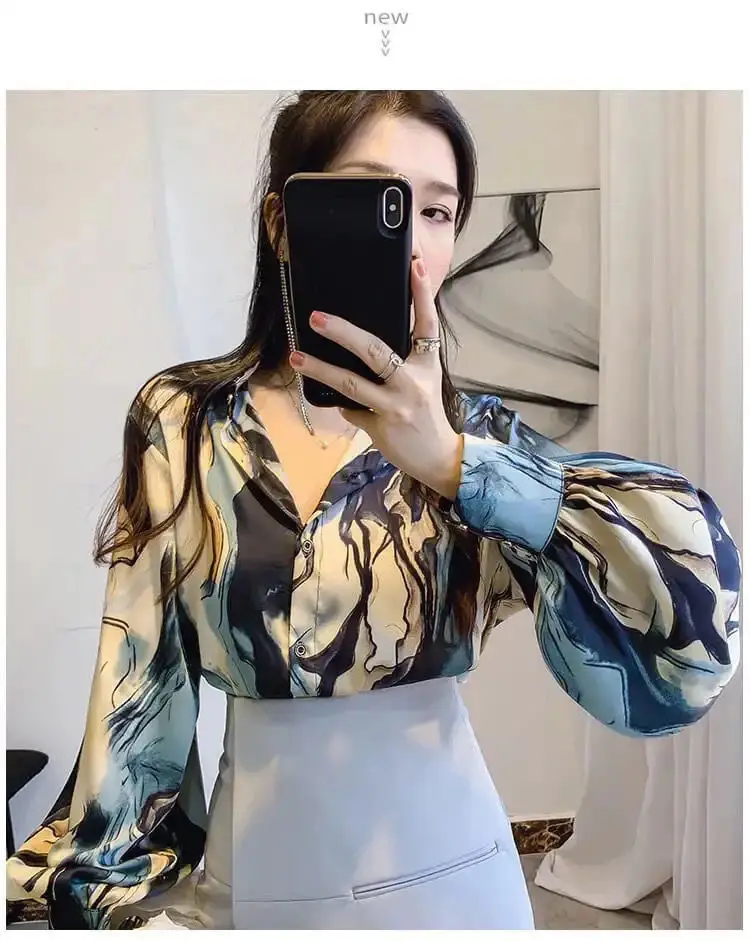 Women Clothing Temperament Printing Chiffon Turn-down Collar Puff Sleeve Shirts Autumn Korean Buttons Loose Blouse Female Tops