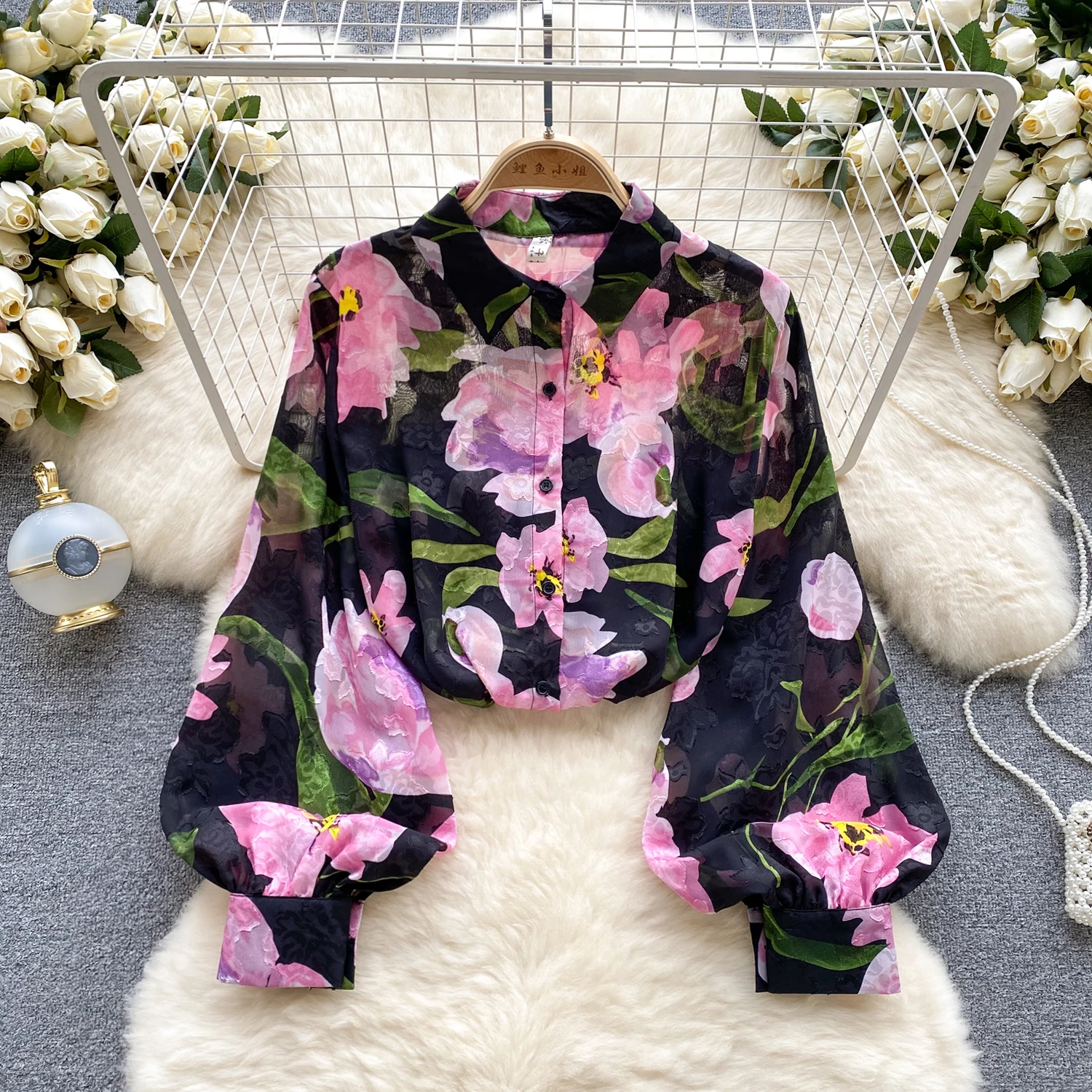 Floral Print Women Shirt Summer Lantern Sleeve Retro Thin French Loose Ladies Elegant Fashion Casual Chic Blouse