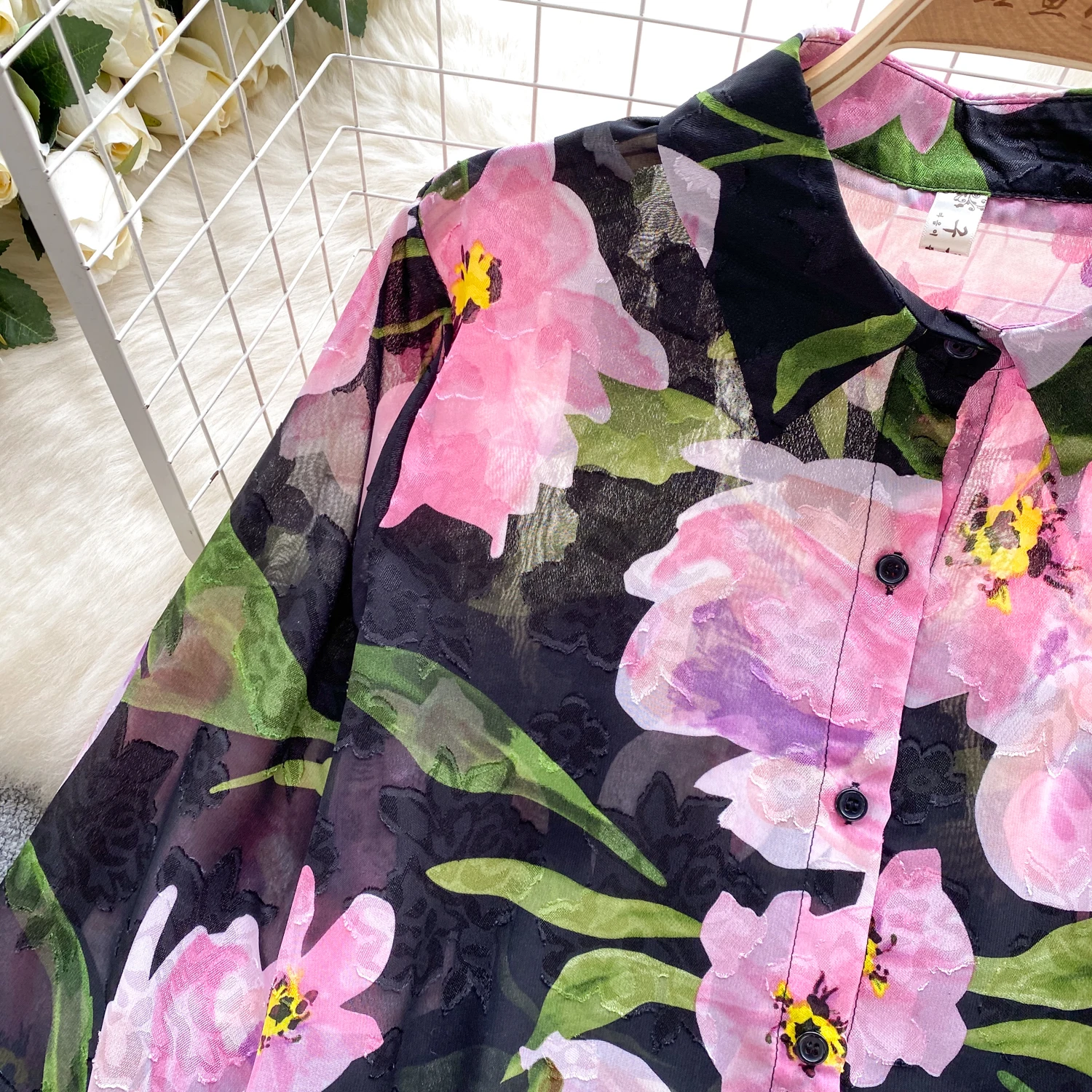 Floral Print Women Shirt Summer Lantern Sleeve Retro Thin French Loose Ladies Elegant Fashion Casual Chic Blouse