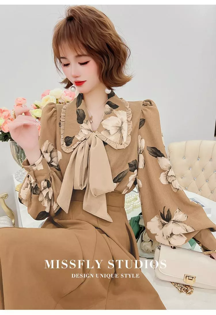 Breasted Slim V-neck Ruffles Women's Clothing Flare Sleeve Spring Summer All-match Popularity Blouse Print Office Lady Single
