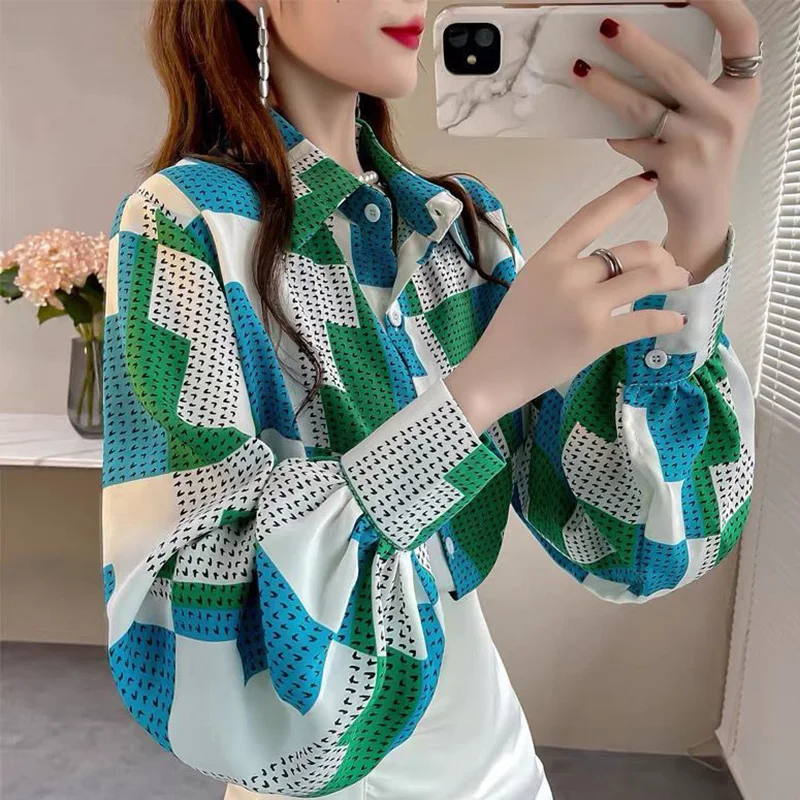 Stylish Loose Printed Folds Lantern Sleeve Shirt Female Clothing 2023 Spring Summer New Casual Tops All-match Office Lady Blouse