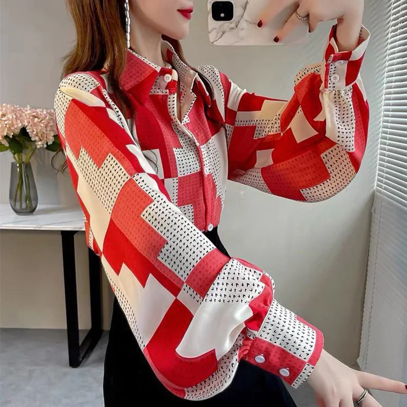 Stylish Loose Printed Folds Lantern Sleeve Shirt Female Clothing 2023 Spring Summer New Casual Tops All-match Office Lady Blouse