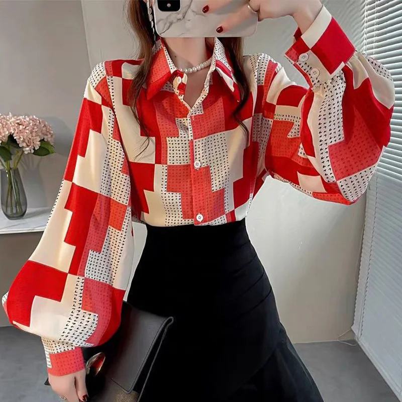 Stylish Loose Printed Folds Lantern Sleeve Shirt Female Clothing 2023 Spring Summer New Casual Tops All-match Office Lady Blouse