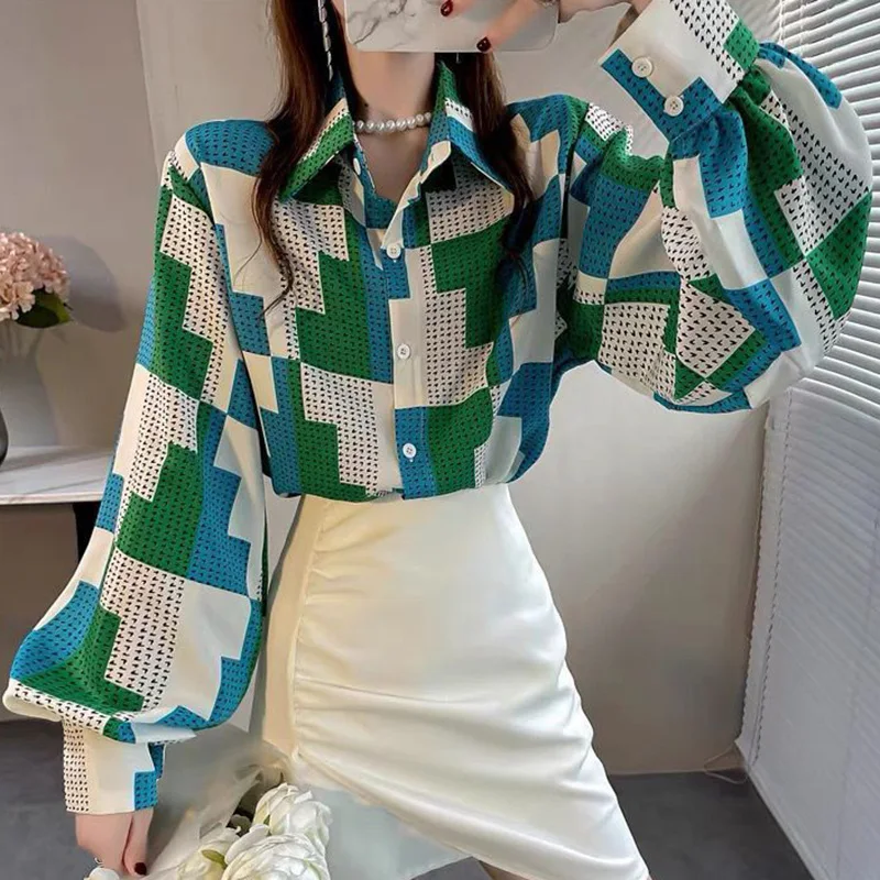 Stylish Loose Printed Folds Lantern Sleeve Shirt Female Clothing 2023 Spring Summer New Casual Tops All-match Office Lady Blouse