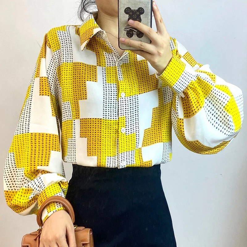 Stylish Loose Printed Folds Lantern Sleeve Shirt Female Clothing 2023 Spring Summer New Casual Tops All-match Office Lady Blouse