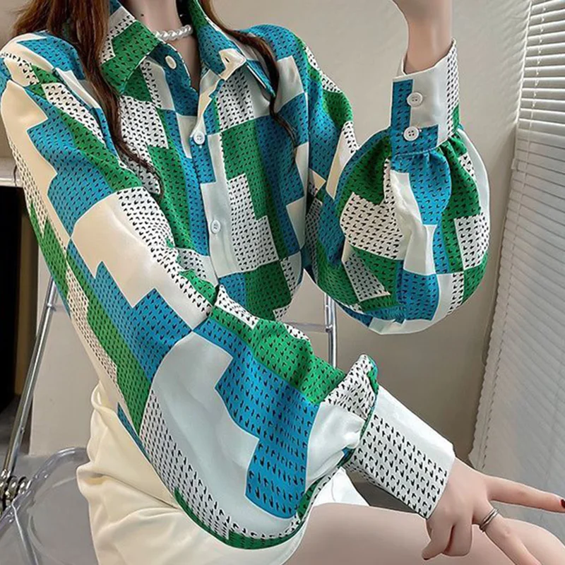 Stylish Loose Printed Folds Lantern Sleeve Shirt Female Clothing 2023 Spring Summer New Casual Tops All-match Office Lady Blouse