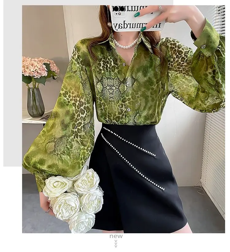 Commute Snake Pattern Printed Blouse 2023 Spring Autumn Turn-down Collar Female Clothing Long Sleeve Fashion Casual Loose Shirt