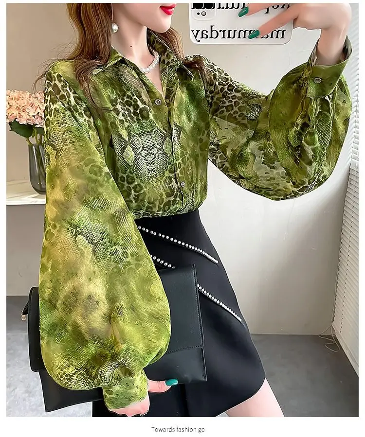 Commute Snake Pattern Printed Blouse 2023 Spring Autumn Turn-down Collar Female Clothing Long Sleeve Fashion Casual Loose Shirt