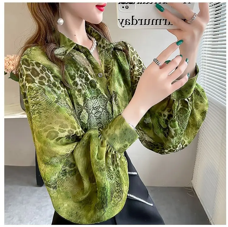 Commute Snake Pattern Printed Blouse 2023 Spring Autumn Turn-down Collar Female Clothing Long Sleeve Fashion Casual Loose Shirt