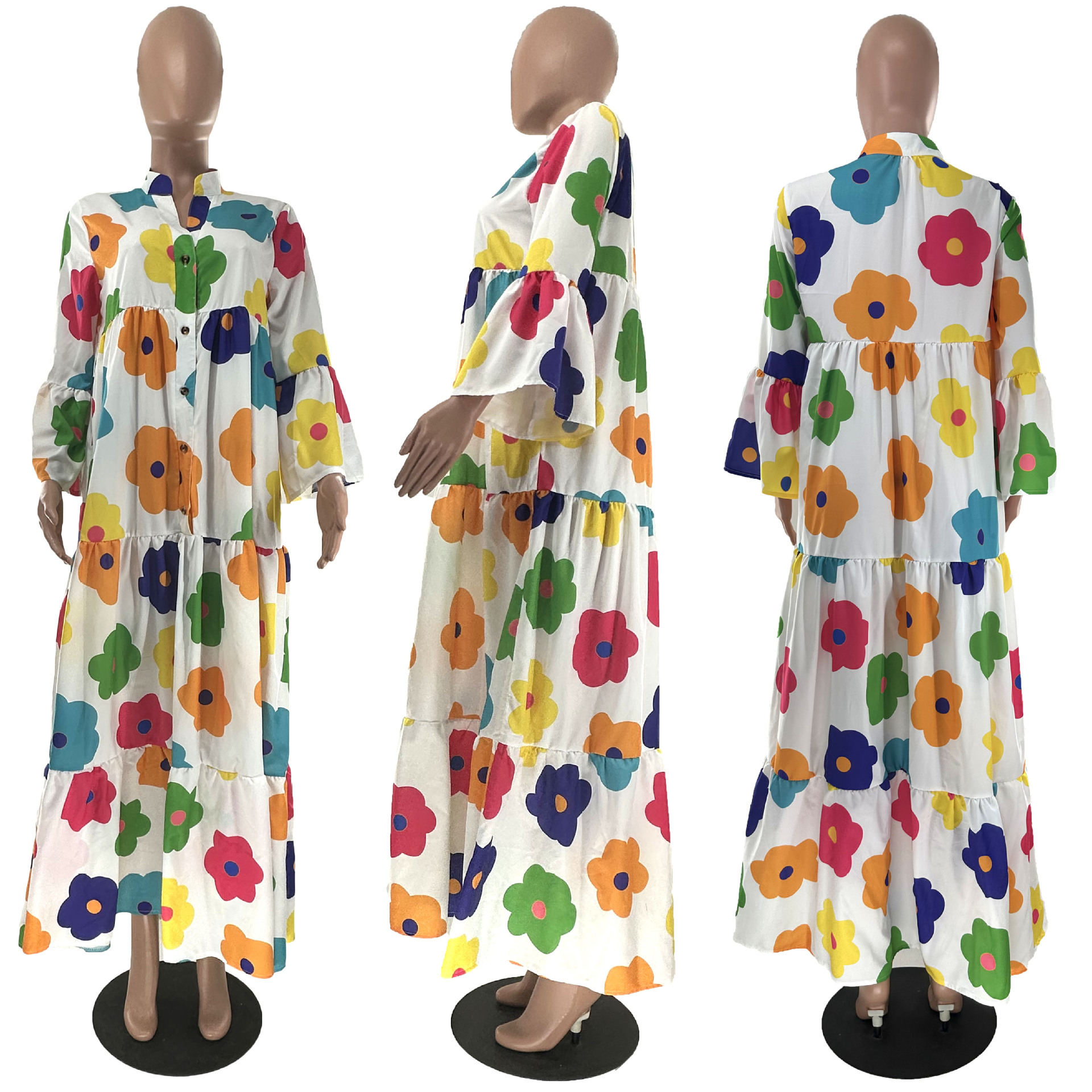 Floral Printed Long Sleeve Single Breasted Loose Shirt Style Maxi Long Dress