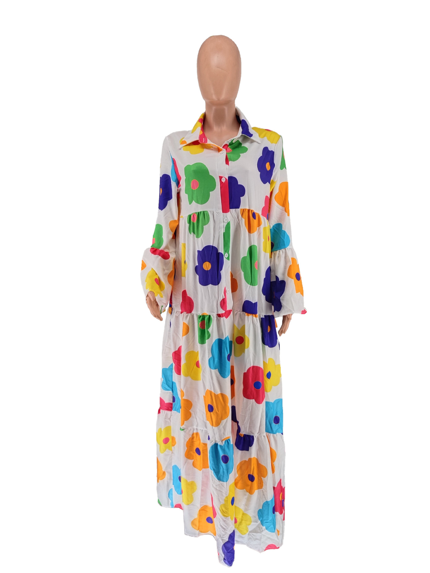 Floral Printed Long Sleeve Single Breasted Loose Shirt Style Maxi Long Dress