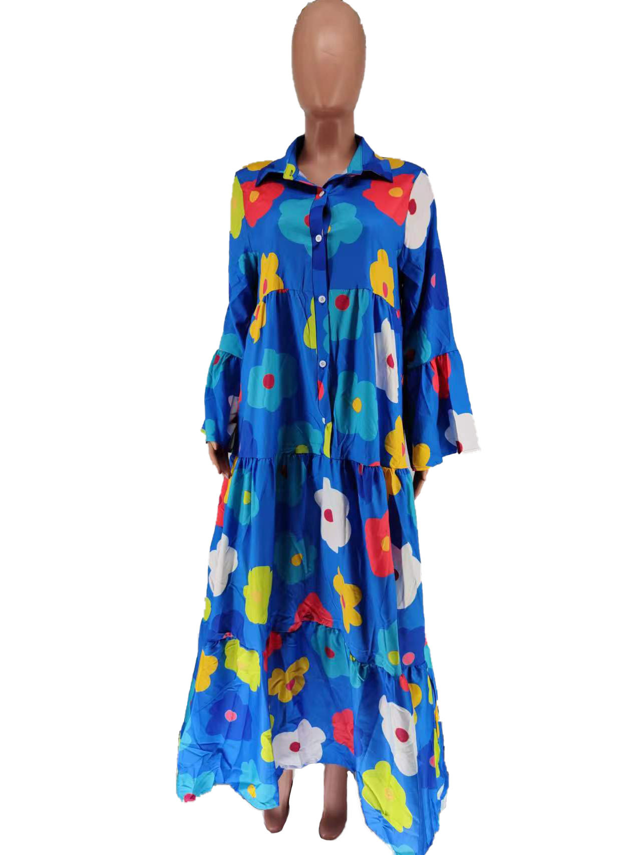 Floral Printed Long Sleeve Single Breasted Loose Shirt Style Maxi Long Dress