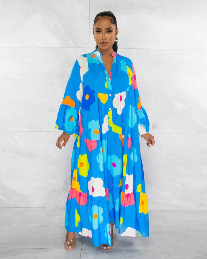 Floral Printed Long Sleeve Single Breasted Loose Shirt Style Maxi Long Dress