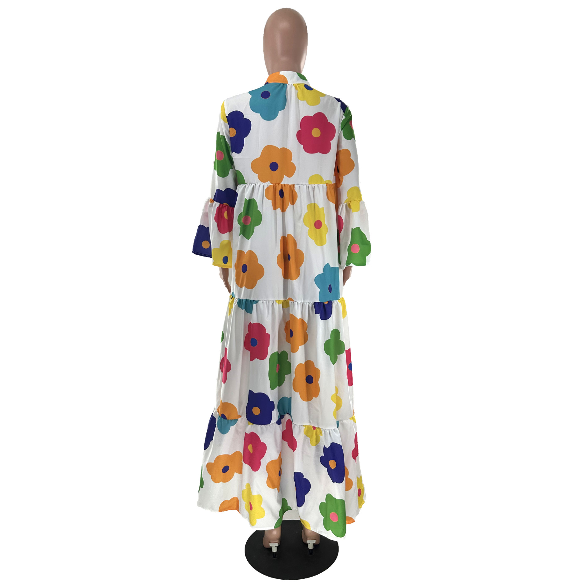 Floral Printed Long Sleeve Single Breasted Loose Shirt Style Maxi Long Dress