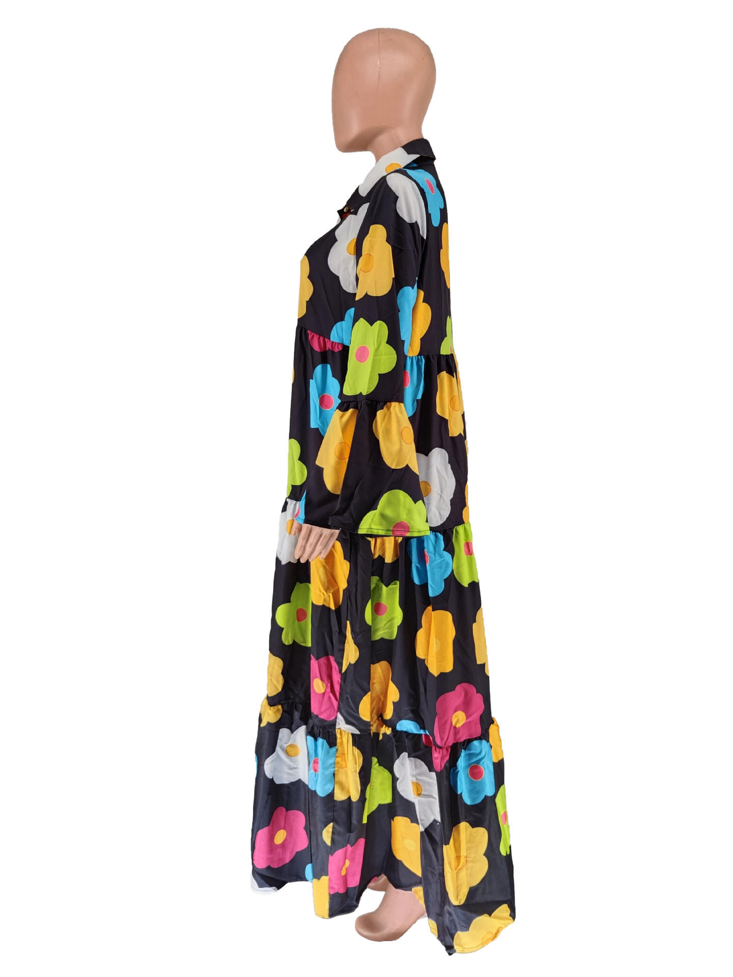 Floral Printed Long Sleeve Single Breasted Loose Shirt Style Maxi Long Dress