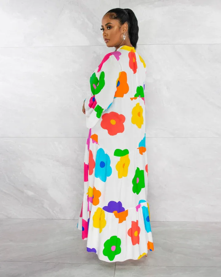 Floral Printed Long Sleeve Single Breasted Loose Shirt Style Maxi Long Dress