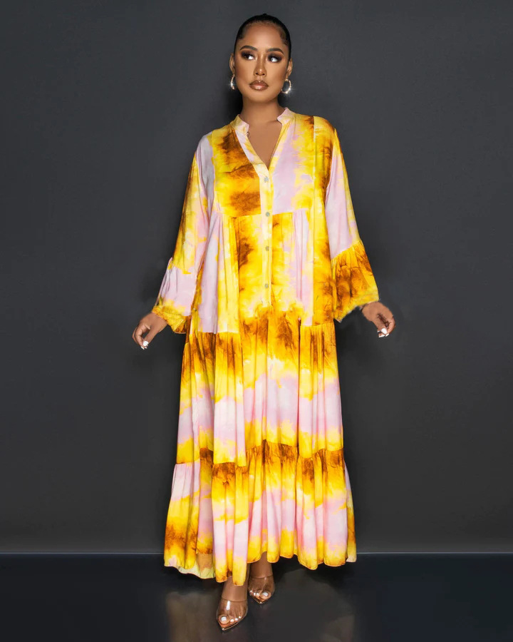 Floral Printed Long Sleeve Single Breasted Loose Shirt Style Maxi Long Dress