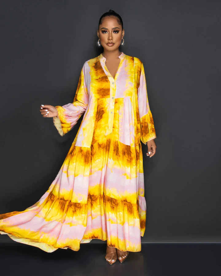 Floral Printed Long Sleeve Single Breasted Loose Shirt Style Maxi Long Dress