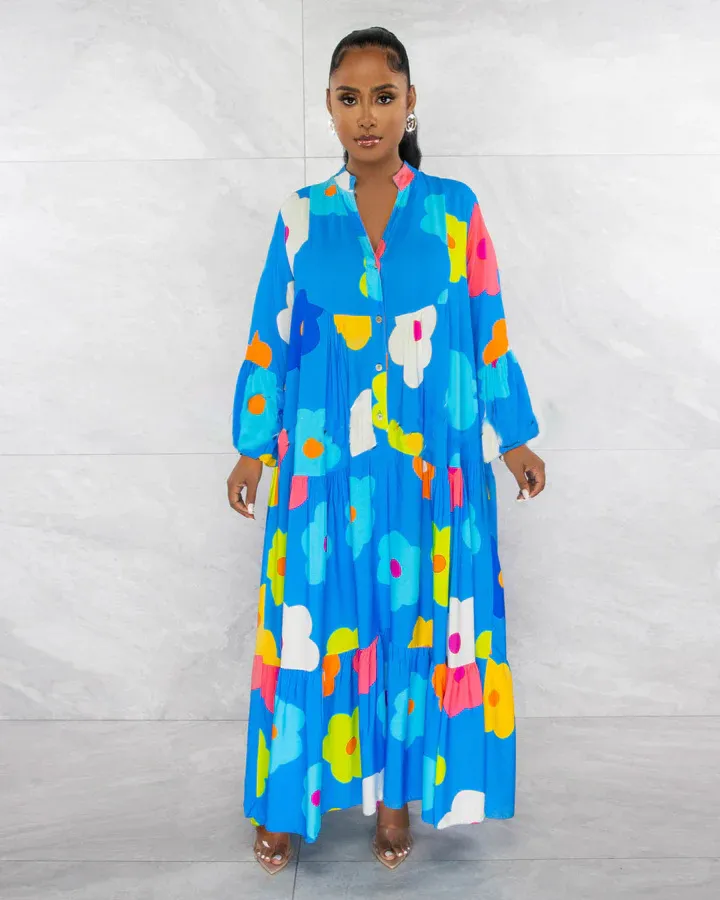 Floral Printed Long Sleeve Single Breasted Loose Shirt Style Maxi Long Dress