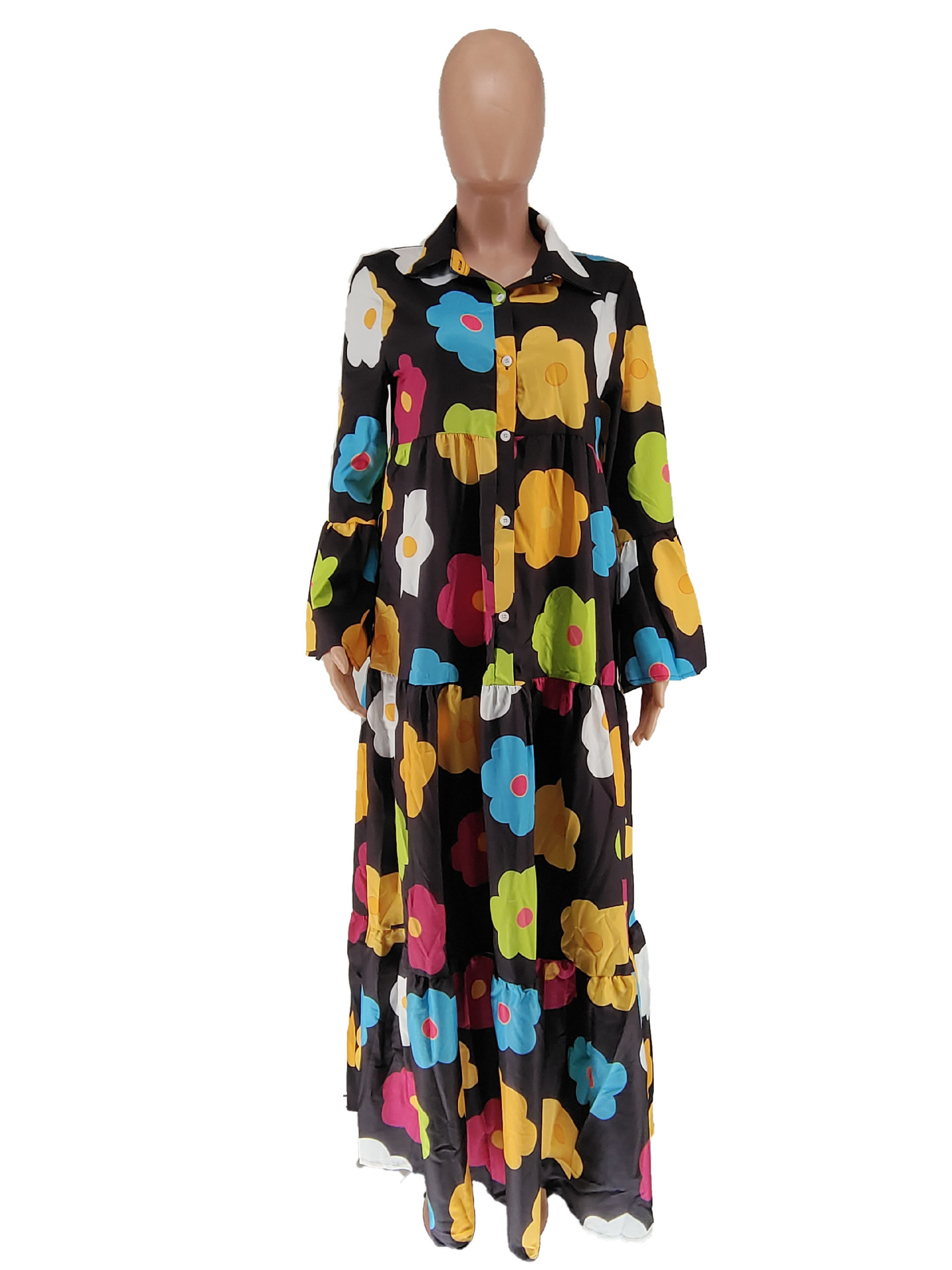 Floral Printed Long Sleeve Single Breasted Loose Shirt Style Maxi Long Dress