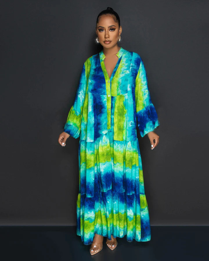 Floral Printed Long Sleeve Single Breasted Loose Shirt Style Maxi Long Dress