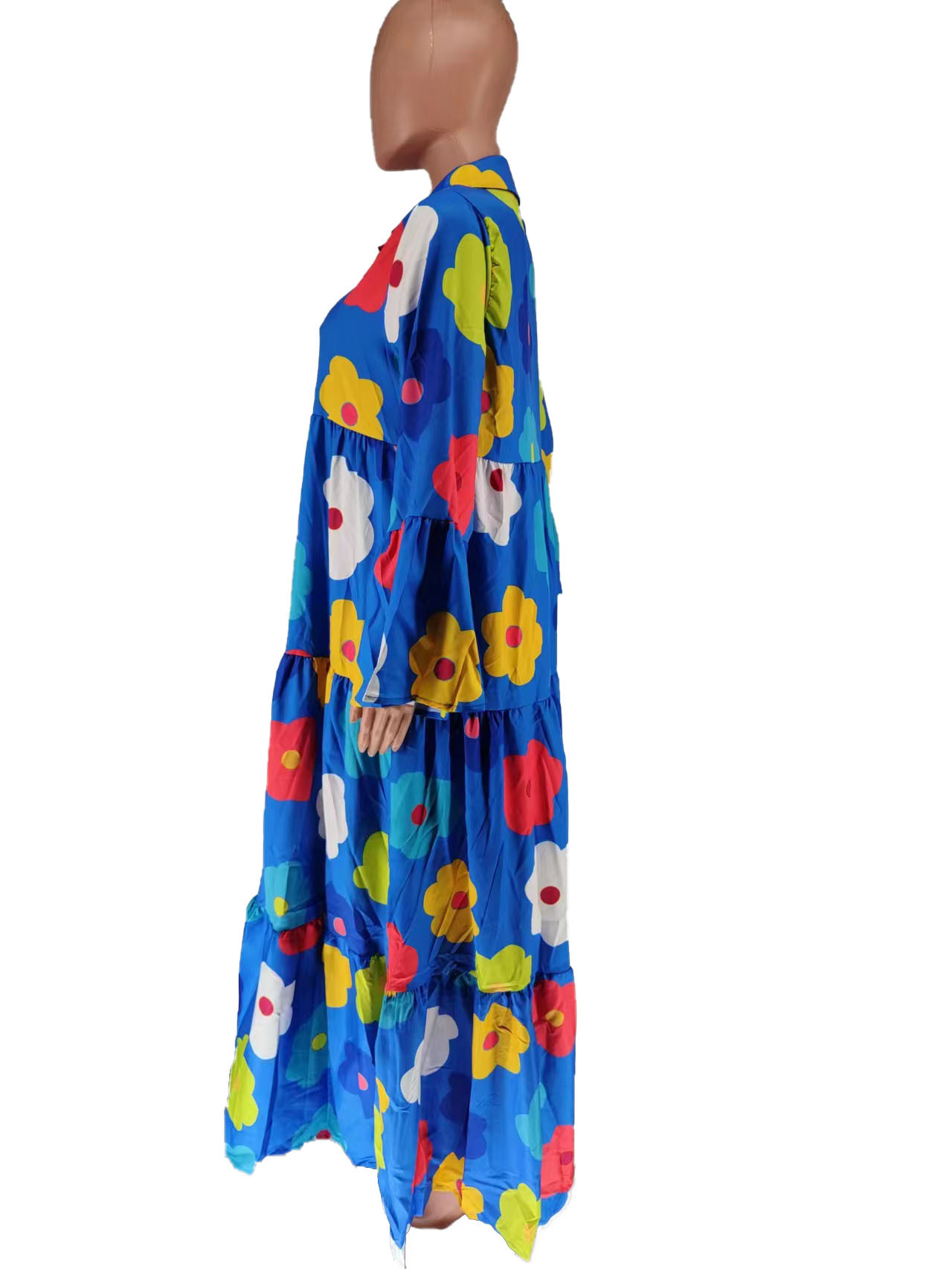 Floral Printed Long Sleeve Single Breasted Loose Shirt Style Maxi Long Dress