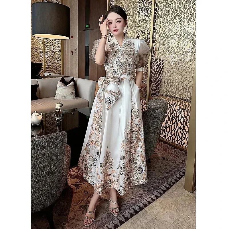 2024 New Fashion Joker Summer Retro Palace Wind Waist Big Satin Temperament Long Dress Long Skirt