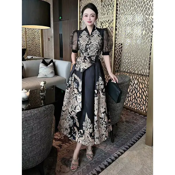 2024 New Fashion Joker Summer Retro Palace Wind Waist Big Satin Temperament Long Dress Long Skirt