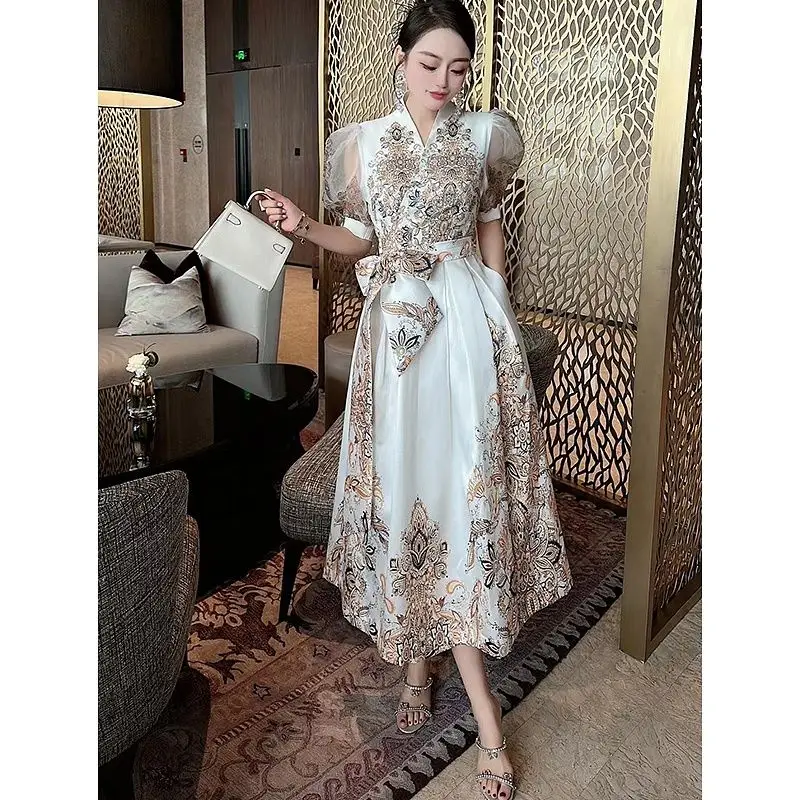 2024 New Fashion Joker Summer Retro Palace Wind Waist Big Satin Temperament Long Dress Long Skirt