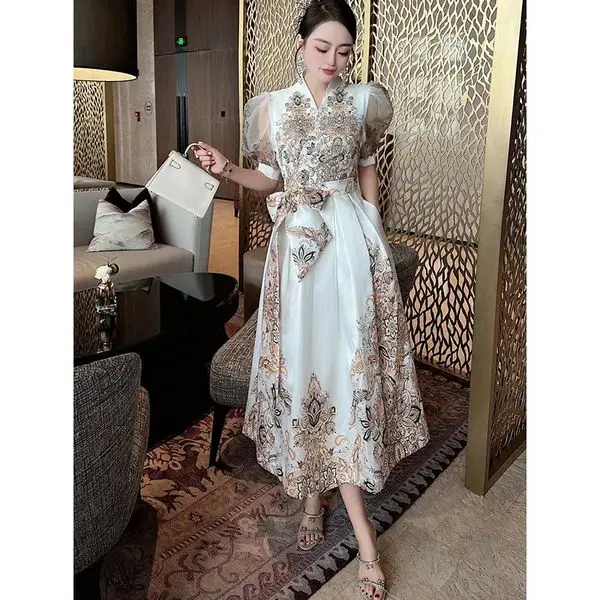 2024 New Fashion Joker Summer Retro Palace Wind Waist Big Satin Temperament Long Dress Long Skirt