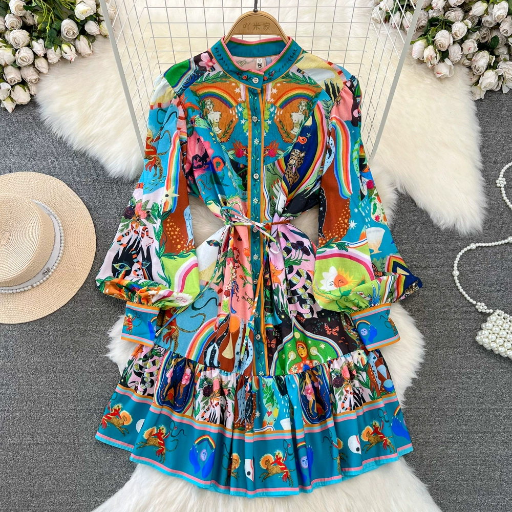 Printed Holiday Mini Dress Autumn Women Long Lantern Sleeve High Waist Single Breasted Belt Ruffled Hem Short Party Vestidos