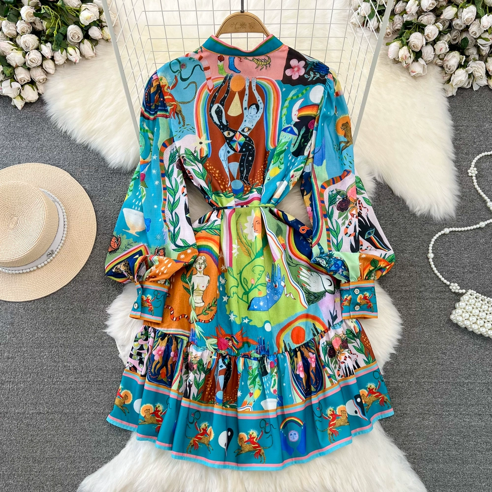 Printed Holiday Mini Dress Autumn Women Long Lantern Sleeve High Waist Single Breasted Belt Ruffled Hem Short Party Vestidos