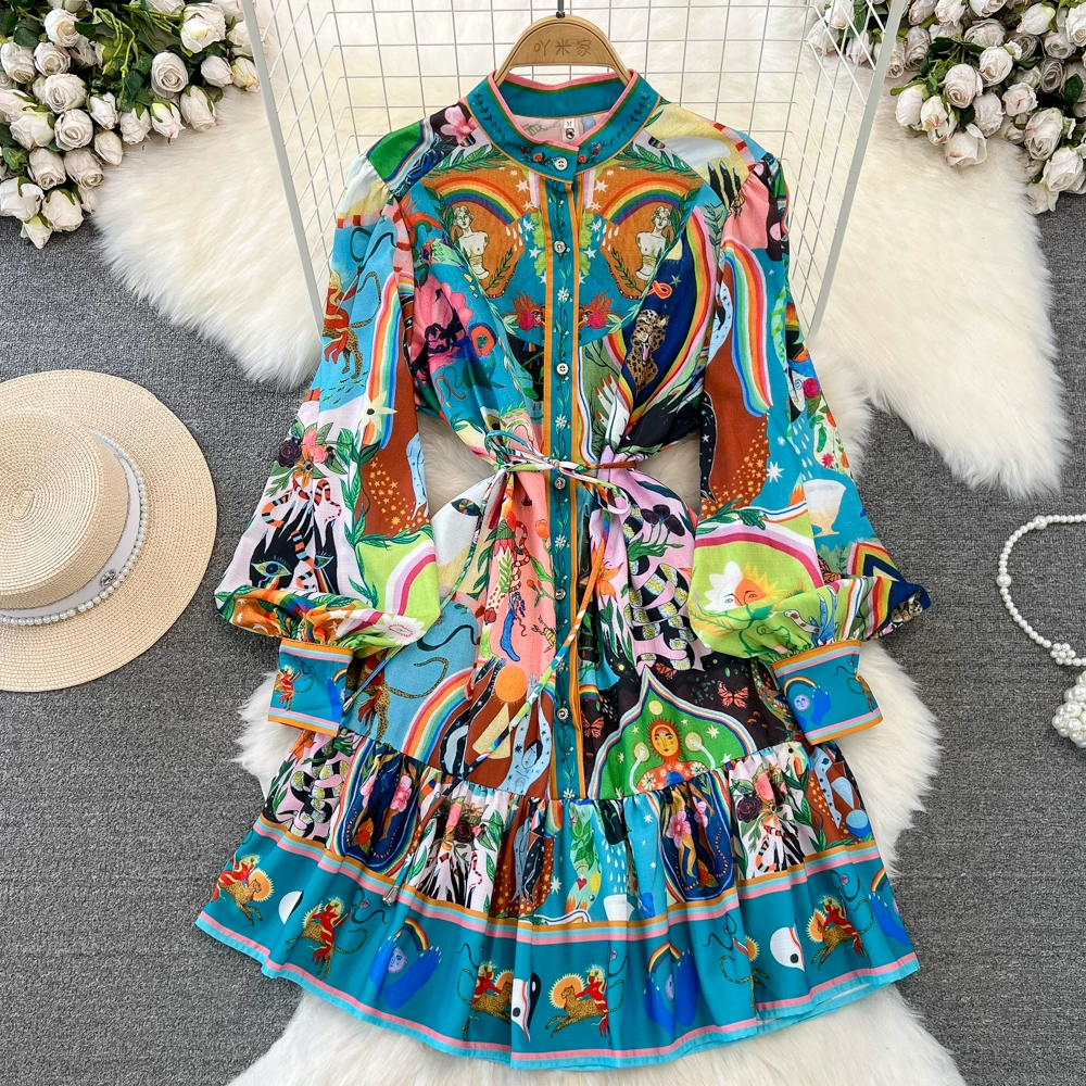 Printed Holiday Mini Dress Autumn Women Long Lantern Sleeve High Waist Single Breasted Belt Ruffled Hem Short Party Vestidos