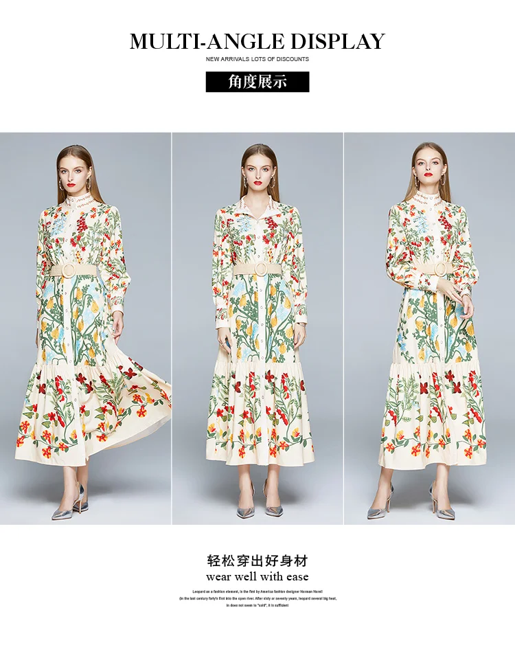 2023 Autumn Runway Maxi Dress Women's Long Sleeve Stand Gorgeous Flower Print Long Dress Female Buttons up Sashes Holidays Dress